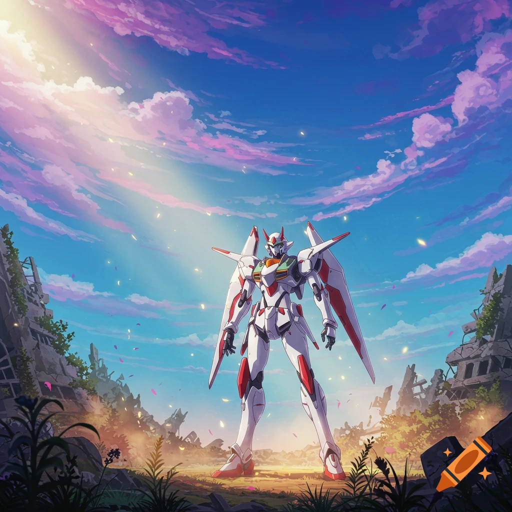 A white and red anime mecha stands in a ruined landscape under a vibrant blue and pink sky.