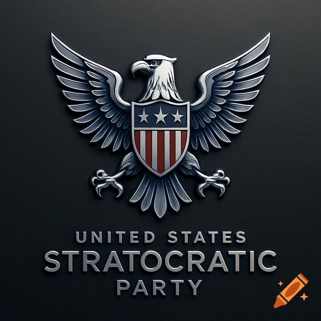 Metallic silver eagle logo with a red, white, and blue shield on a dark background, with 'UNITED STATES STRATOCRATIC PARTY' text.