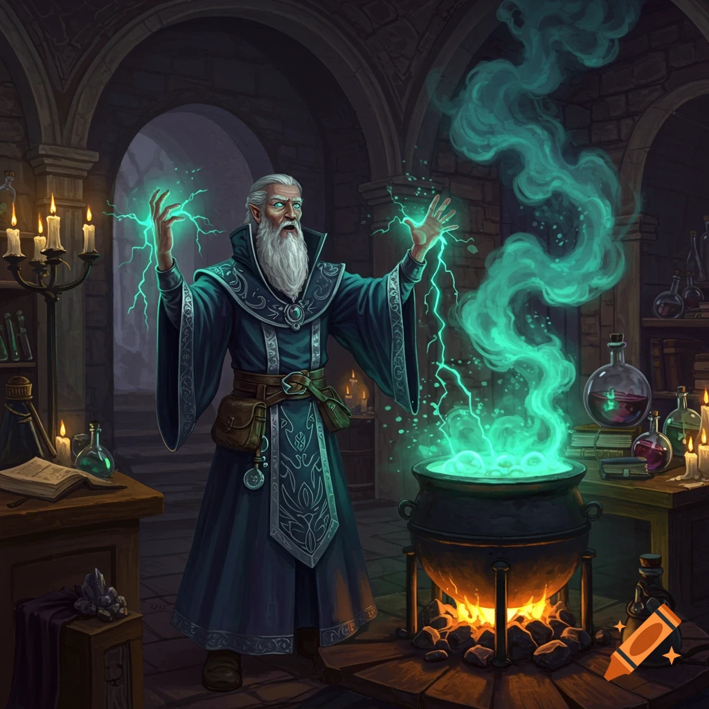 A grey-bearded wizard in a dark robe casts a green lightning spell over a bubbling cauldron in a stone chamber.