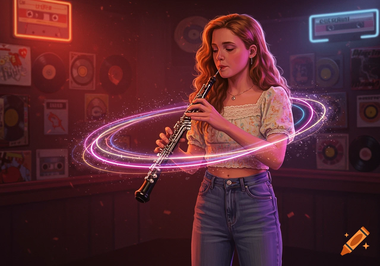 A pretty young woman with long wavy hair plays an oboe, surrounded by glowing neon rings and particles, in a retro room with vinyl records and cassette tapes on the wall.