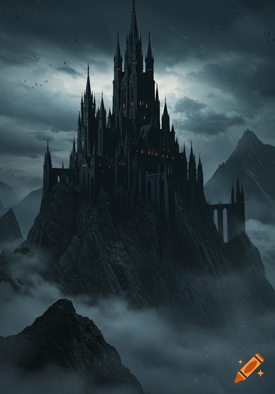 A dark, gothic citadel castle stands atop a jagged mountain peak, shrouded in mist under a stormy, cloudy sky.