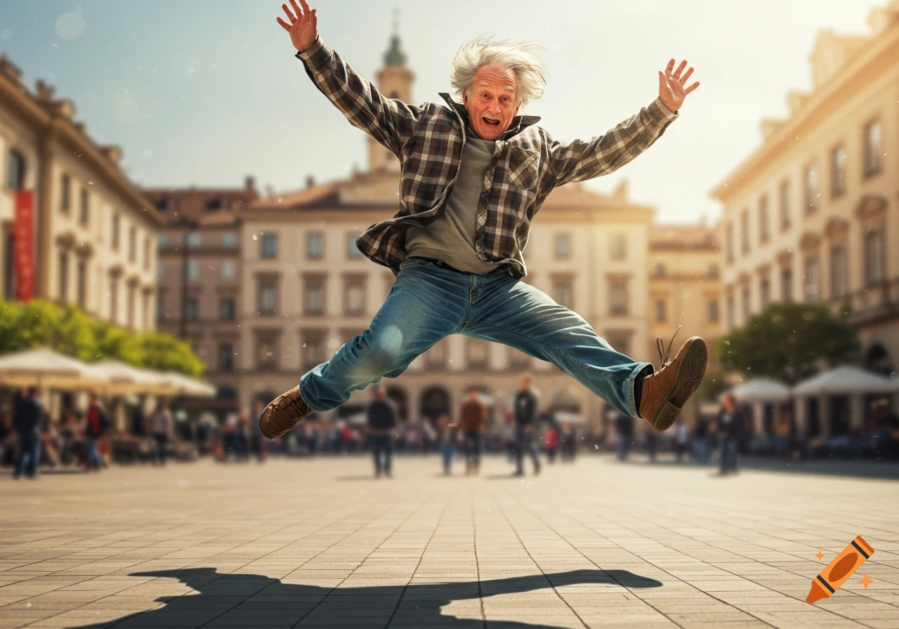 An excited elderly man with white hair jumps high in a sunny city square, arms spread wide and mouth open.