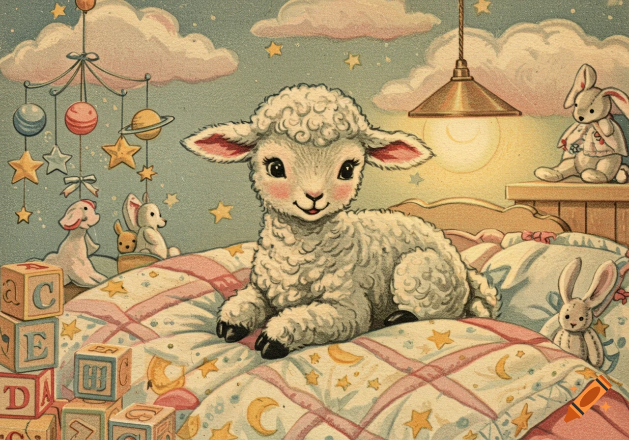 A cute lamb lies on a quilted blanket in a cozy nursery, surrounded by vintage toys and a mobile, in a 1940s illustration style.