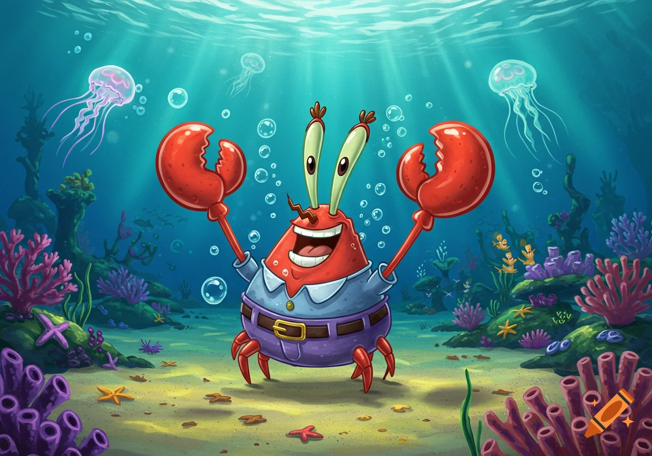 Mr. Krabs from SpongeBob SquarePants stands joyfully underwater among colorful coral and jellyfish in a vibrant cartoon style.