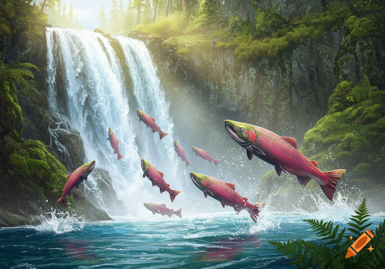 Pink salmon leap up a powerful waterfall surrounded by green forest in a vibrant illustrative style.
