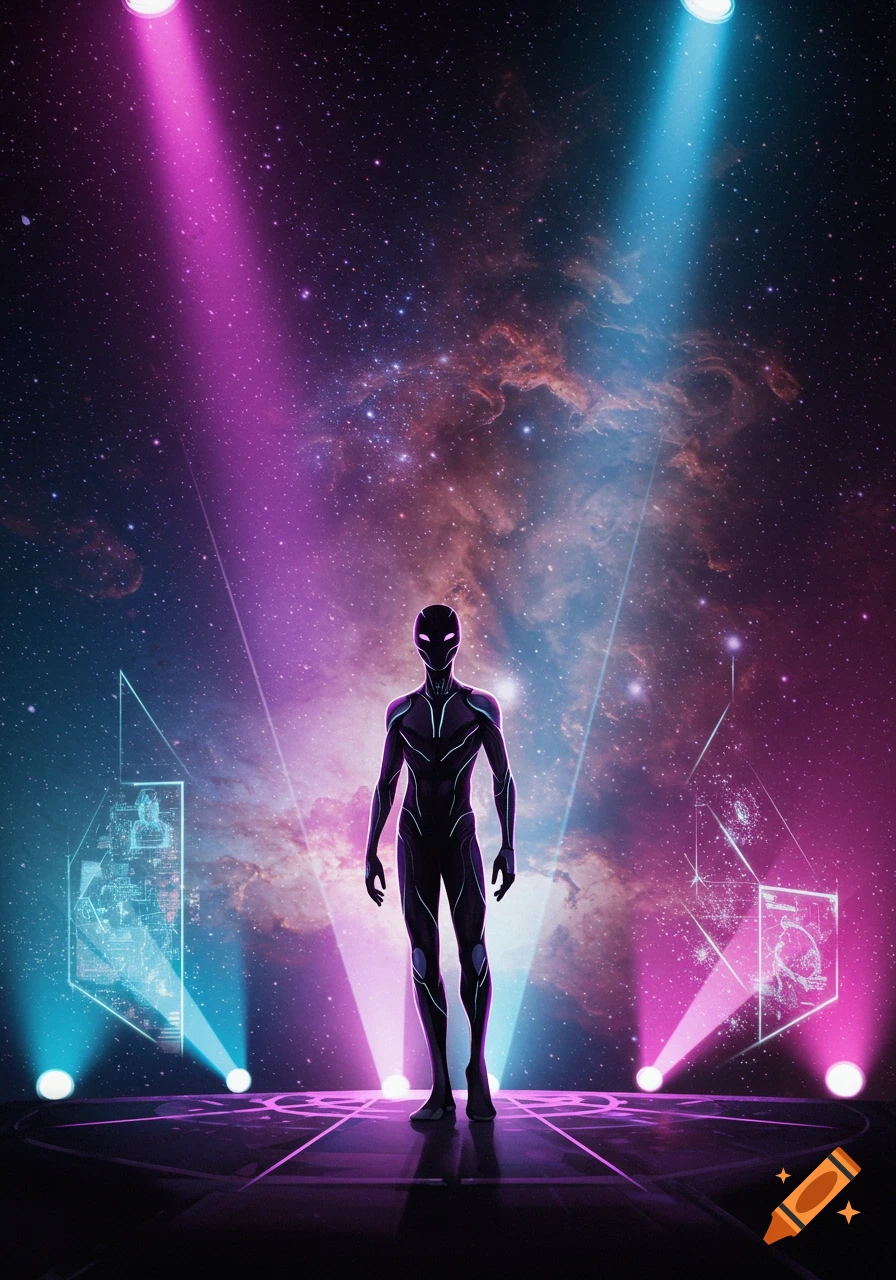 A stylized, sleek black humanoid figure with glowing eyes stands on a platform under magenta and blue spotlights, against a vibrant starry nebula background.