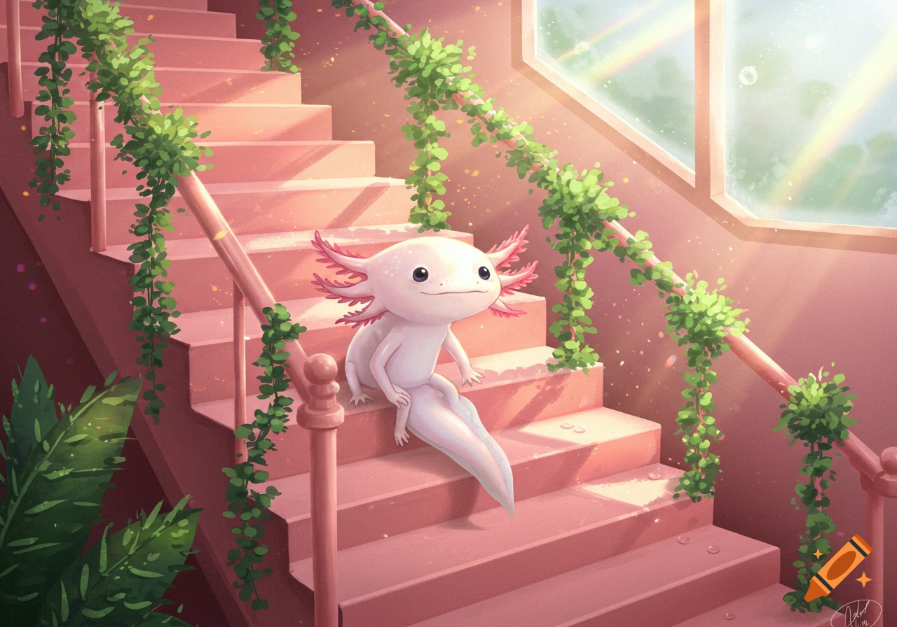 A cute, smiling axolotl sits on sunlit pink stairs adorned with green vines, in a whimsical digital illustration style.