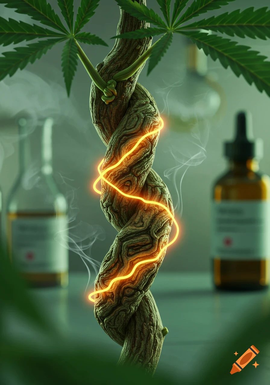 Braided cannabis plant stem with a glowing orange line, green leaves, and blurred lab bottles in the background with smoke.