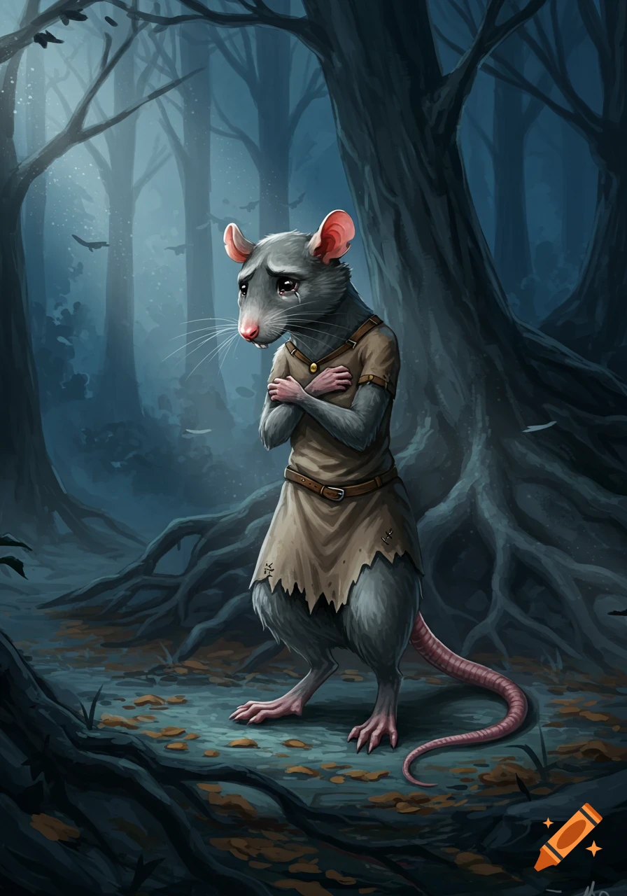 A sorrowful anthropomorphic rat in a torn tunic stands with crossed arms in a dark, moonlit forest illustration.