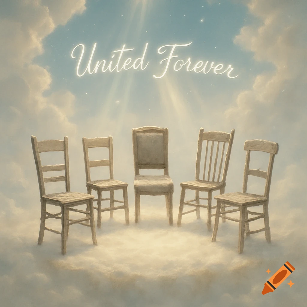 Five wooden chairs in a circle on clouds in a heavenly blue sky with glowing light and the text "United Forever".