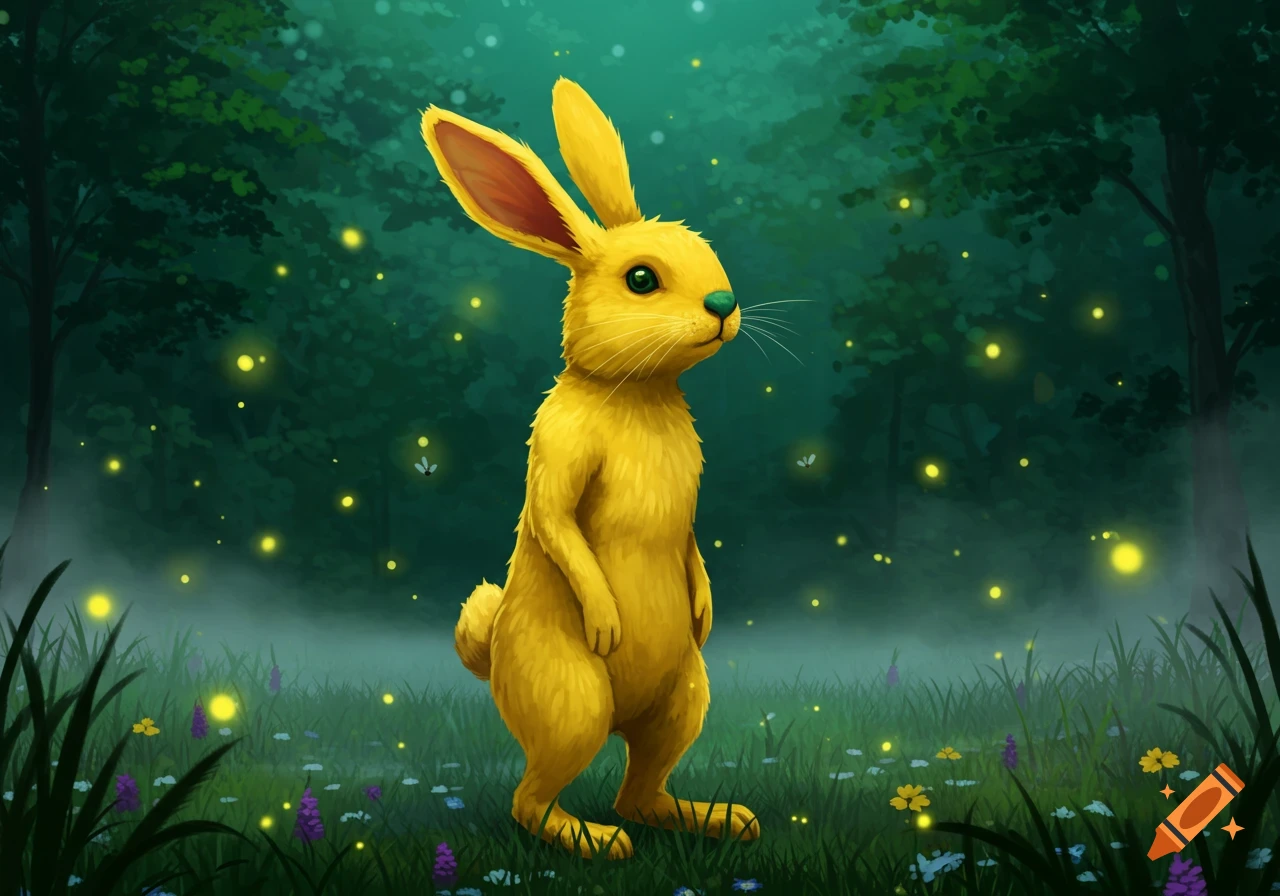 Illustrated yellow rabbit with a green nose standing upright in a misty forest with glowing fireflies and small flowers.