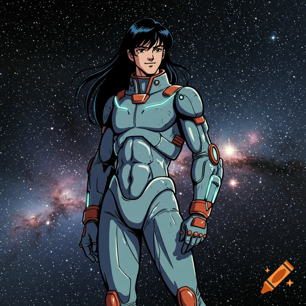 An old school anime-style sci-fi character with long dark hair, wearing a gray and orange futuristic bodysuit, stands against a starry space background.