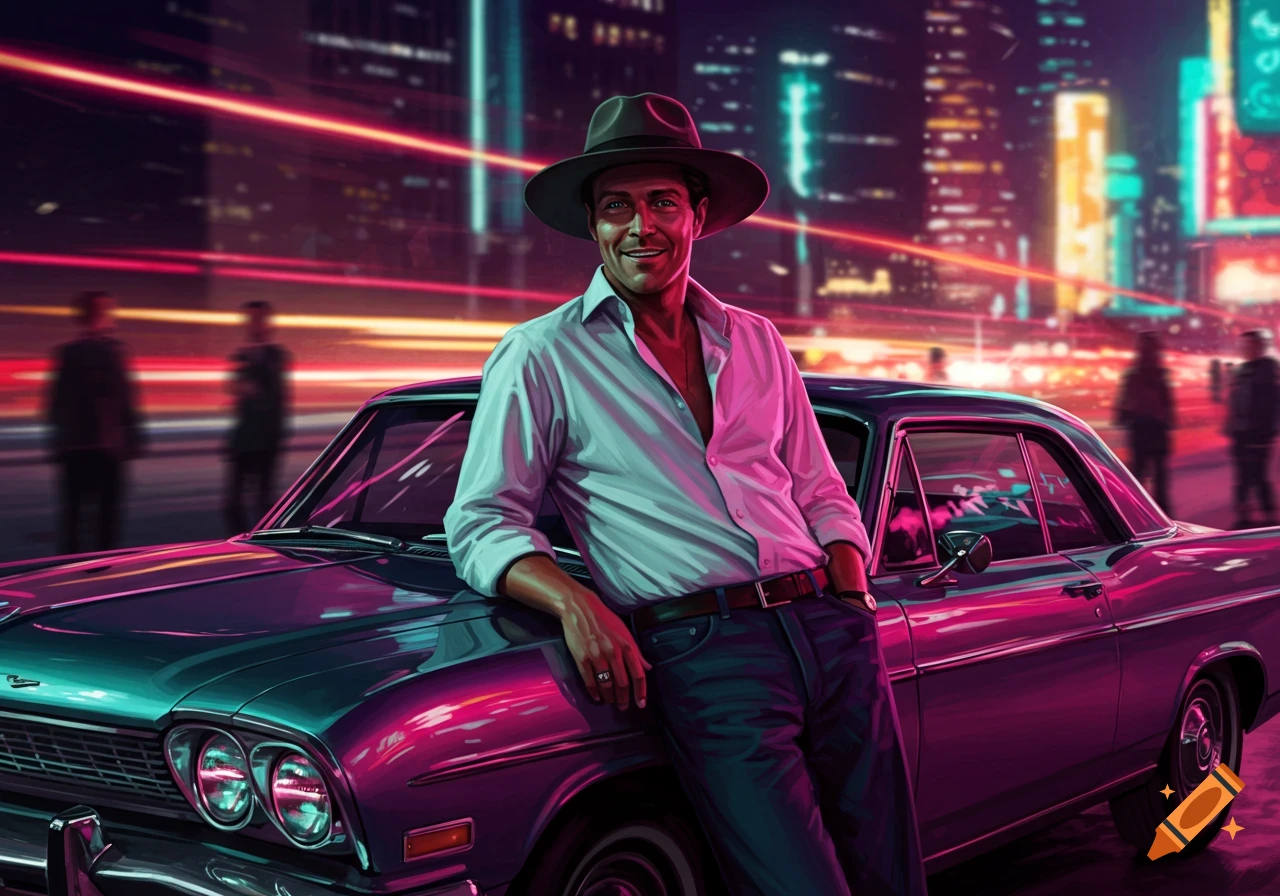 A smiling man in a hat and open white shirt leans on a classic car on a neon-lit city street at night, with a synthwave aesthetic.