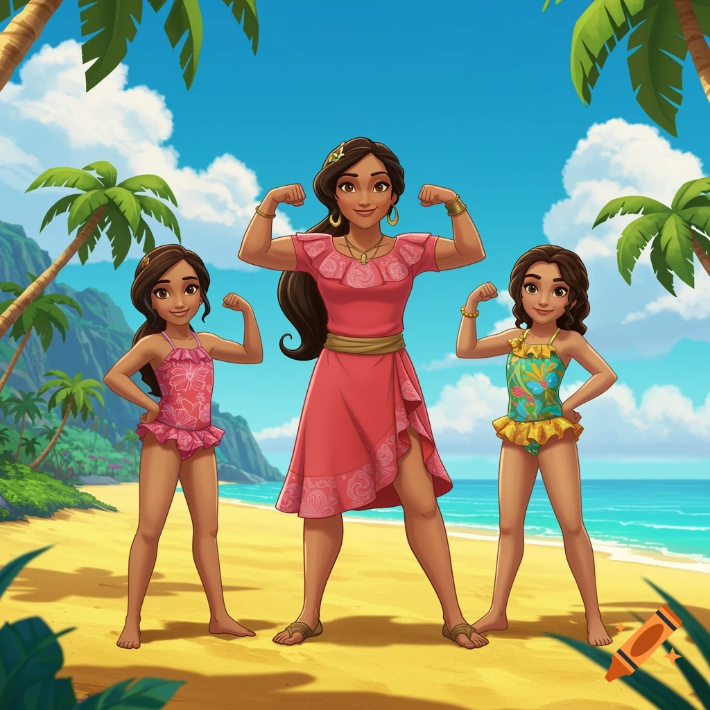 A cartoon mother and her two daughters flex their muscles on a tropical beach.