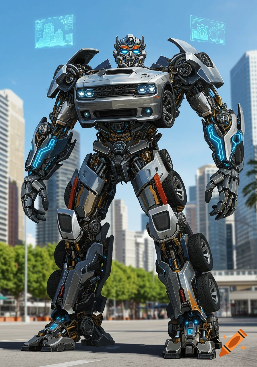A large grey and silver robot, made from a Dodge Challenger car, with blue glowing accents, stands on a city street.