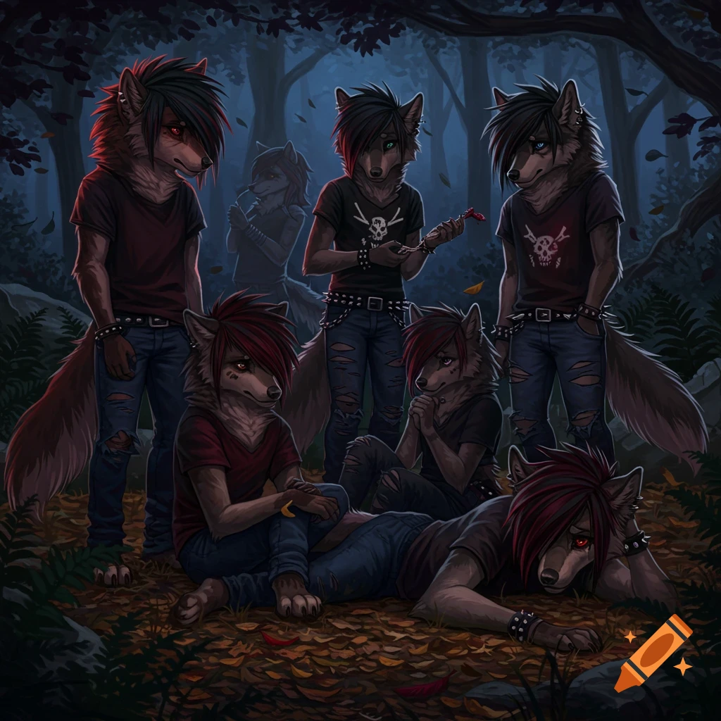 Group of emo wolf characters with dark hair and punk attire hanging out in a shadowy forest, illustrated.