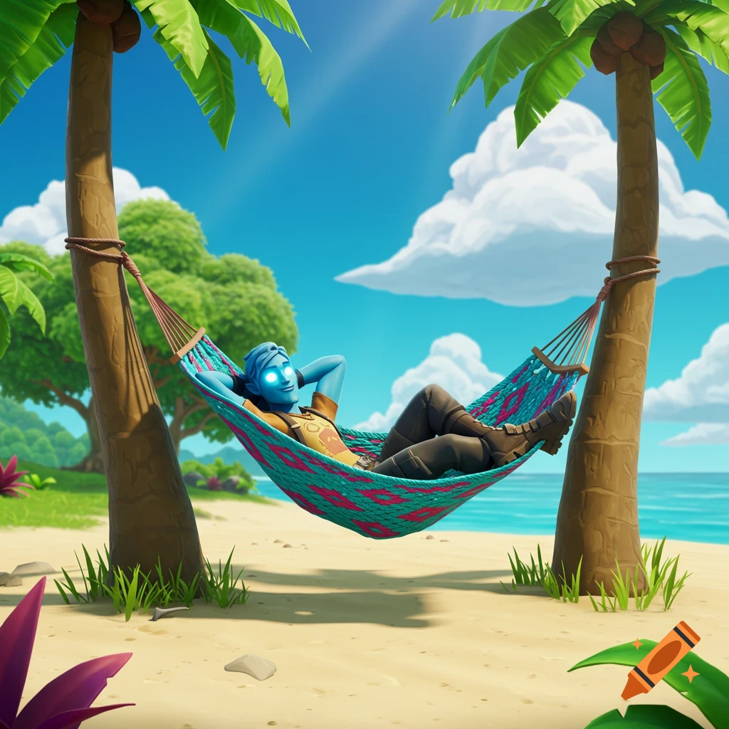 Blue-skinned character with glowing eyes relaxing in a colorful hammock between palm trees on a sunny tropical beach, Fortnite style.