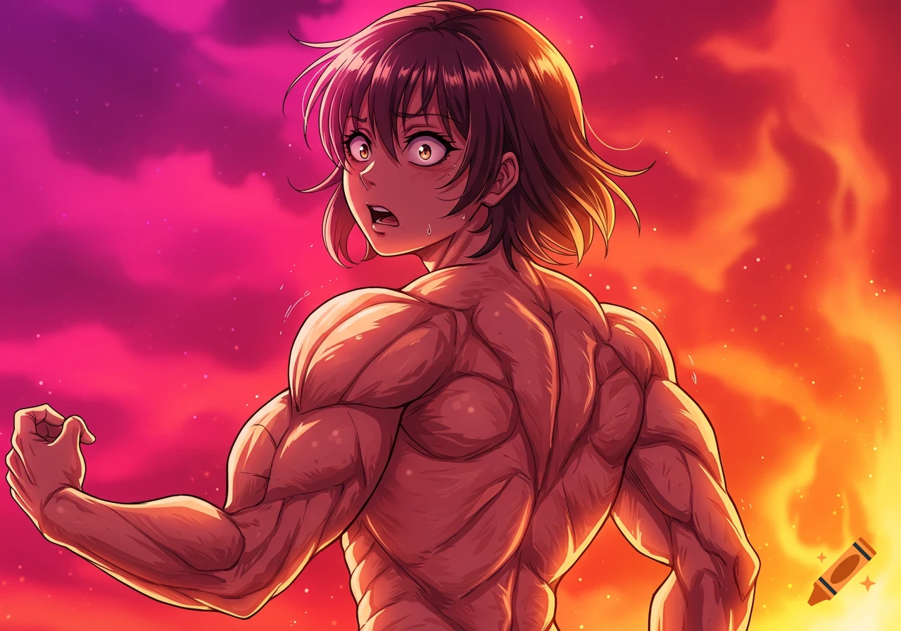 Muscular anime girl flexing her back and arms, looking over her shoulder in shock against a vibrant pink and orange sky.