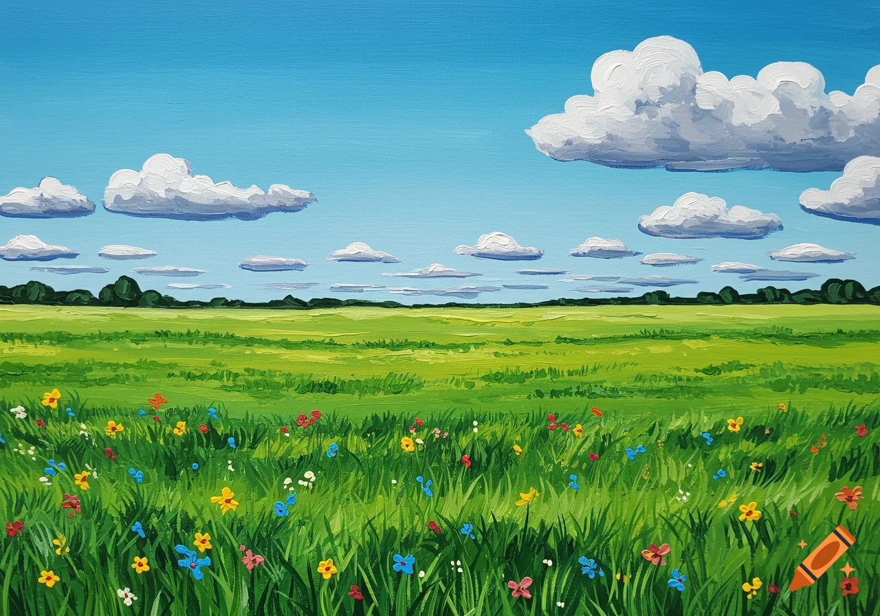 Vibrant oil painting of a green grassy field with colorful wildflowers under a blue sky with fluffy white clouds.