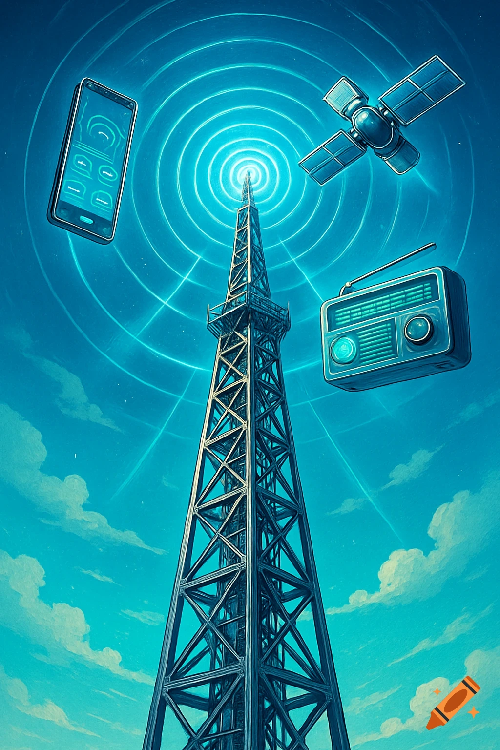 Vibrant illustration of a radio tower emitting blue waves, surrounded by a smartphone, satellite, and retro radio against a blue sky.
