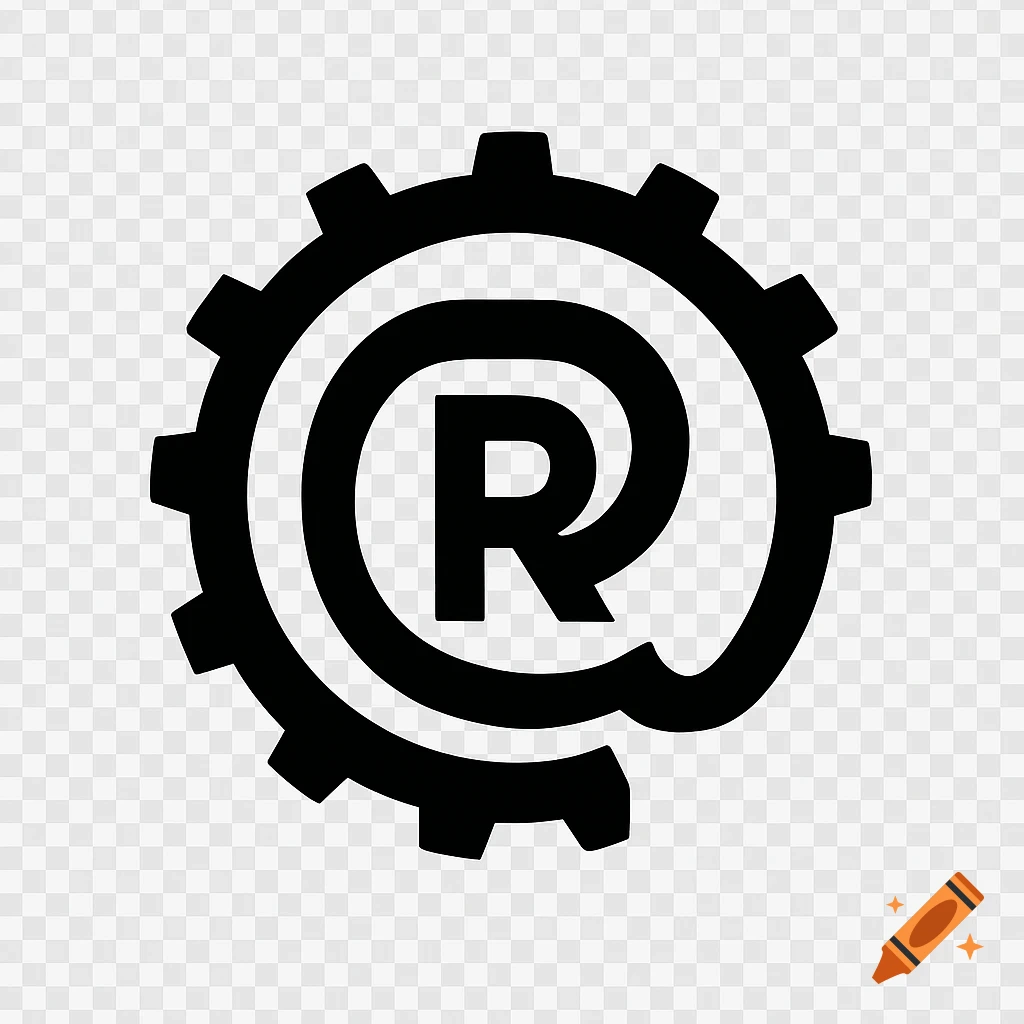 Black gear icon with a stylized 'R' symbol inside an @ symbol on a transparent background.