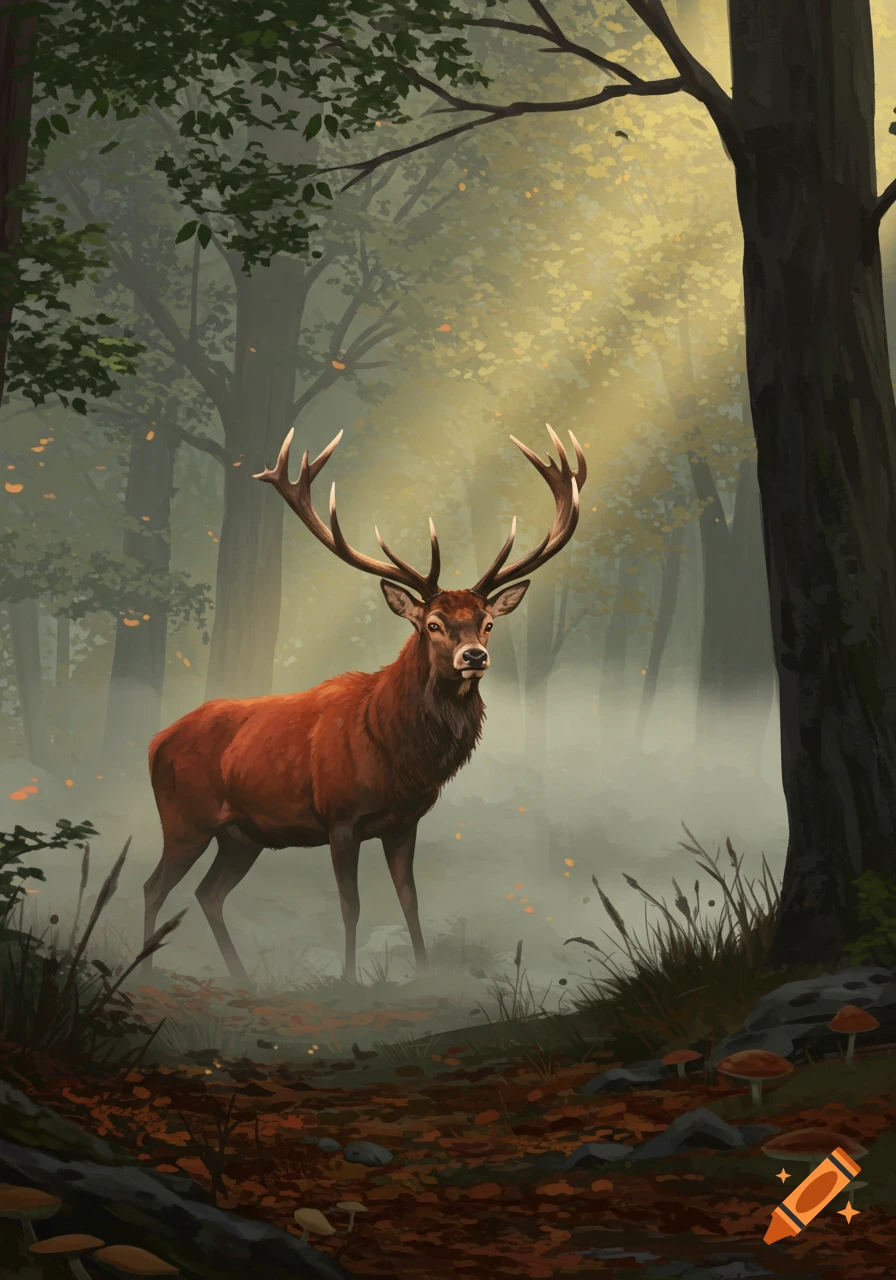 A majestic red deer with large antlers stands in a misty, sun-dappled forest, surrounded by autumn leaves and mushrooms, in an illustrative style.