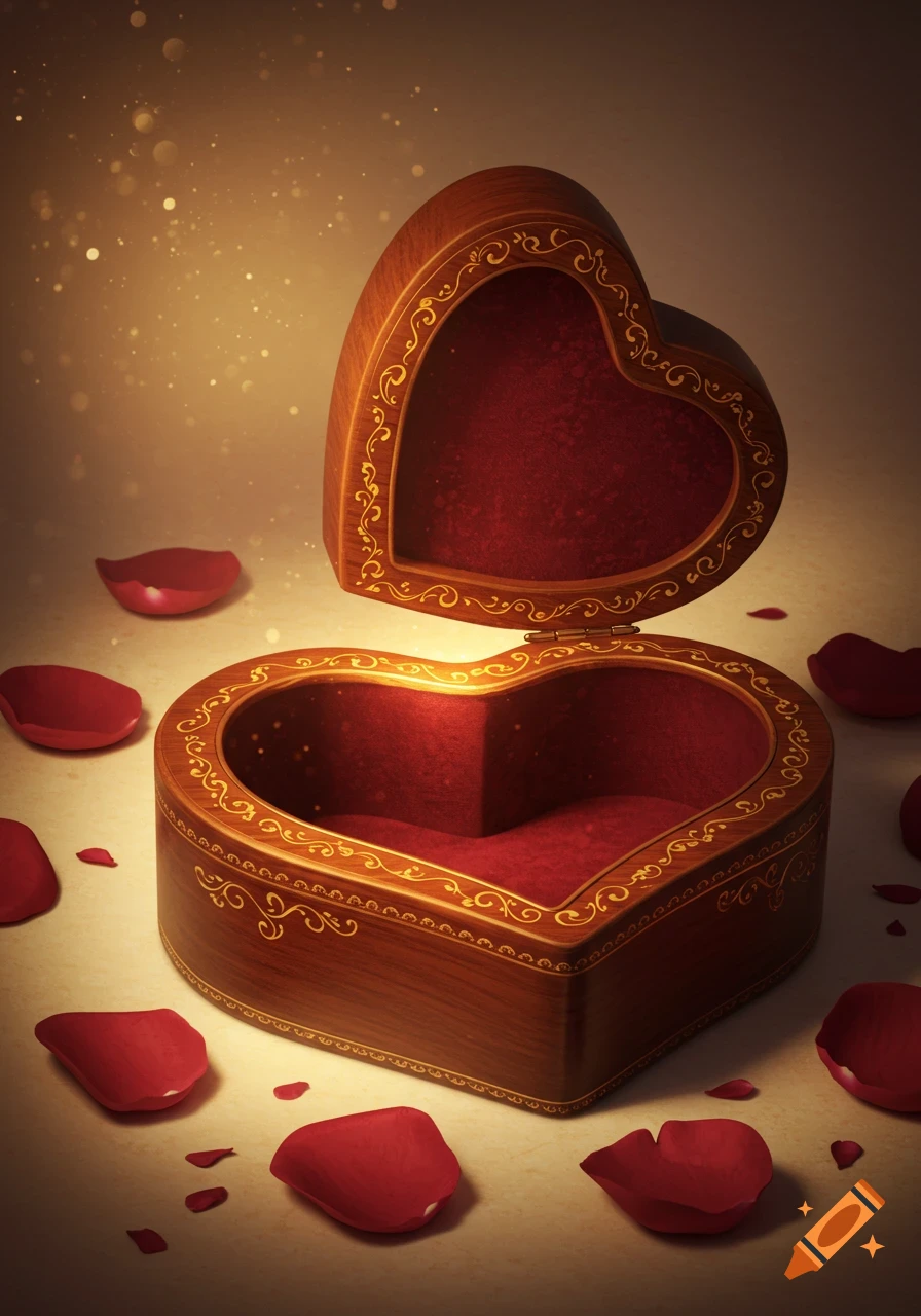 Ornate open heart-shaped wooden box with red velvet lining, surrounded by scattered red rose petals, with glowing bokeh.