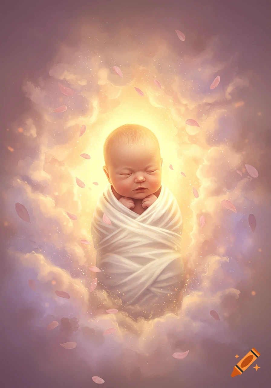 A sleeping baby swaddled in white, surrounded by glowing clouds, light, and pink petals, in a dreamlike artistic style.