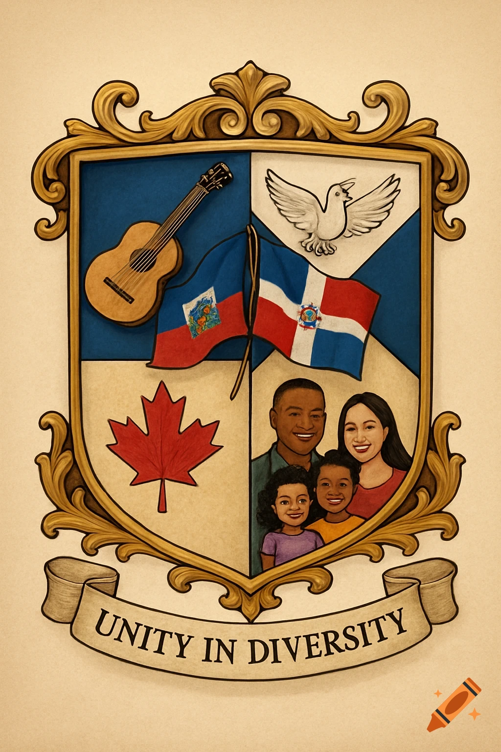An illustrated coat of arms featuring a guitar, a dove, a Canadian maple leaf, Haitian and Dominican flags, and a family. A banner reads 'UNITY IN DIVERSITY'.
