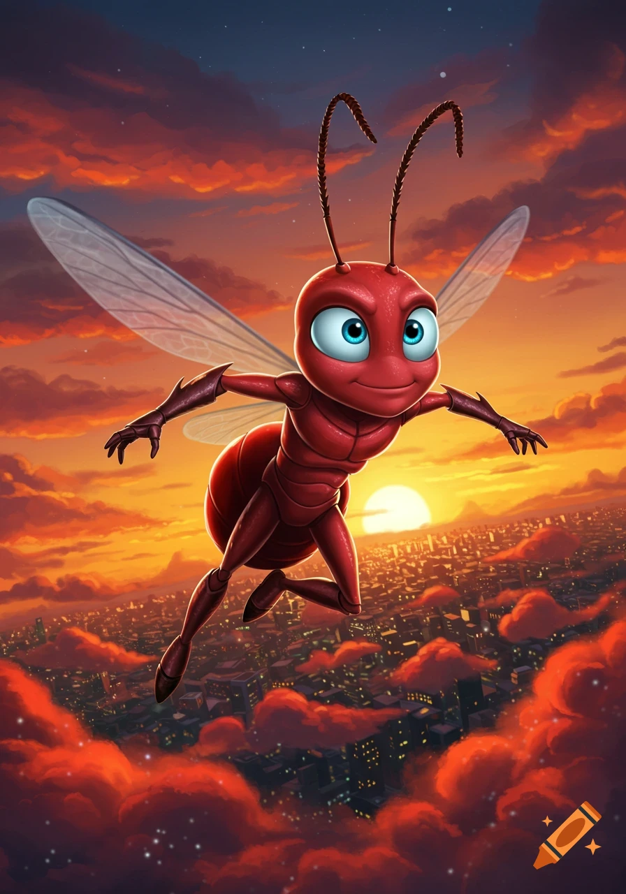 A red, cartoon ant-like creature with wings and big blue eyes flies over a city at sunset, with vibrant orange and red clouds.