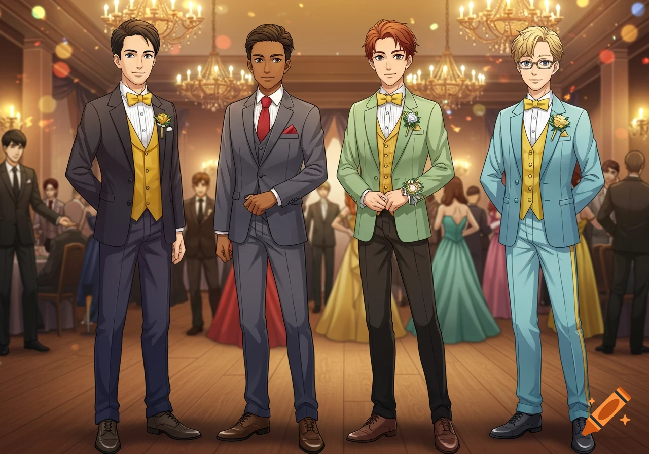 Four anime boys in colorful tuxedos and suits stand side-by-side at a formal ball event, smiling.