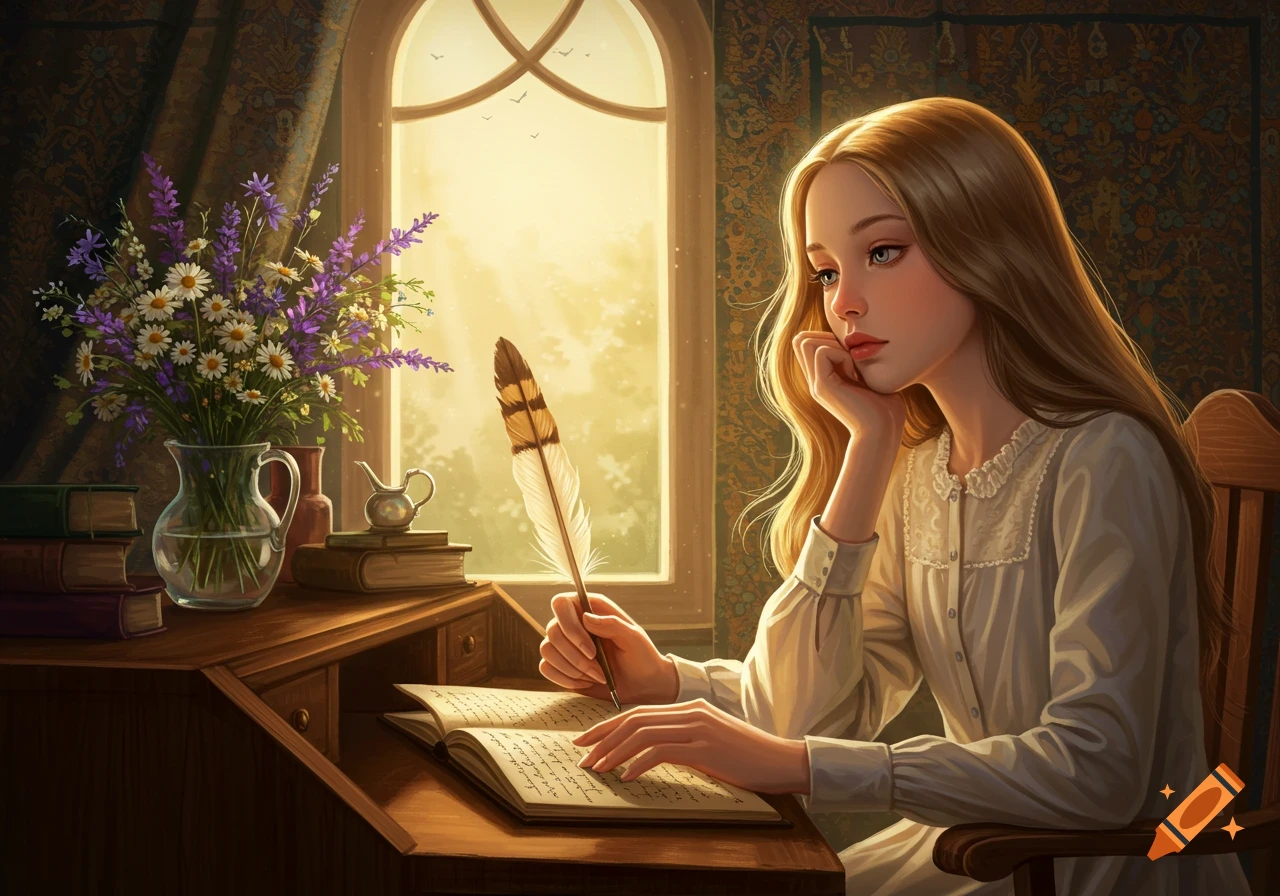 An illustration of a young girl with long, flowing hair sitting at a wooden desk by a sunlit window, writing with a quill pen in a book, with a vase of flowers nearby.