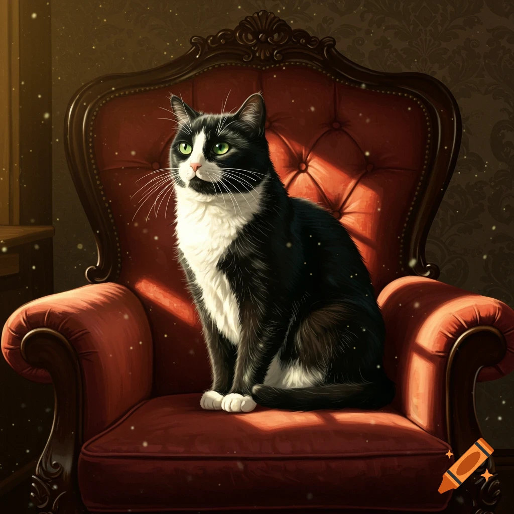 A sleek black and white tuxedo cat with bright green eyes sits regally on a deep red tufted armchair in an ornate room, digital painting.