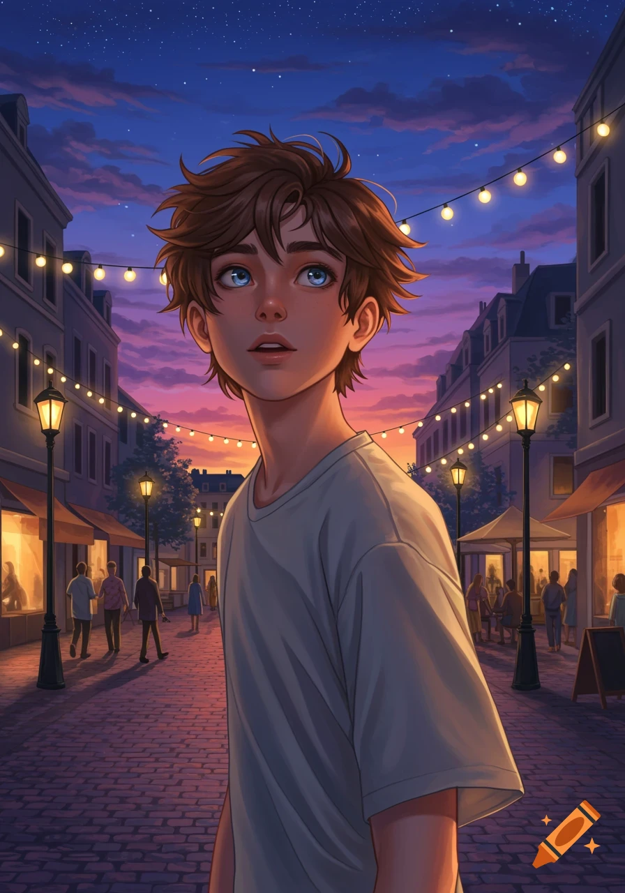 A brown-haired boy with blue eyes looks up in a charming cobblestone street at dusk, lit by string lights and street lamps. Anime art style.