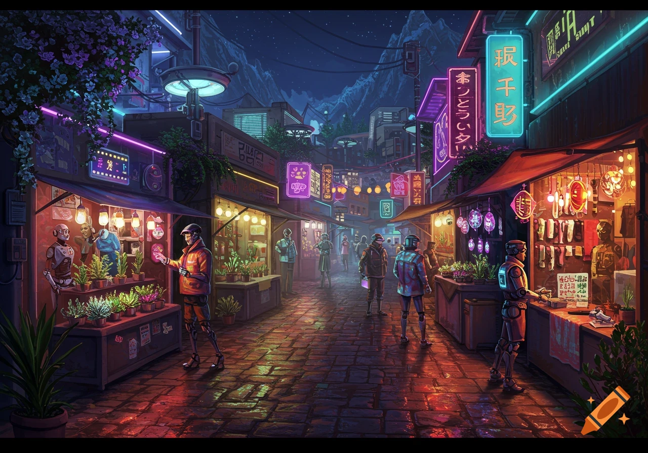 A vibrant, neon-lit cyberpunk market at night, bustling with people and robots, selling goods under illuminated stalls.