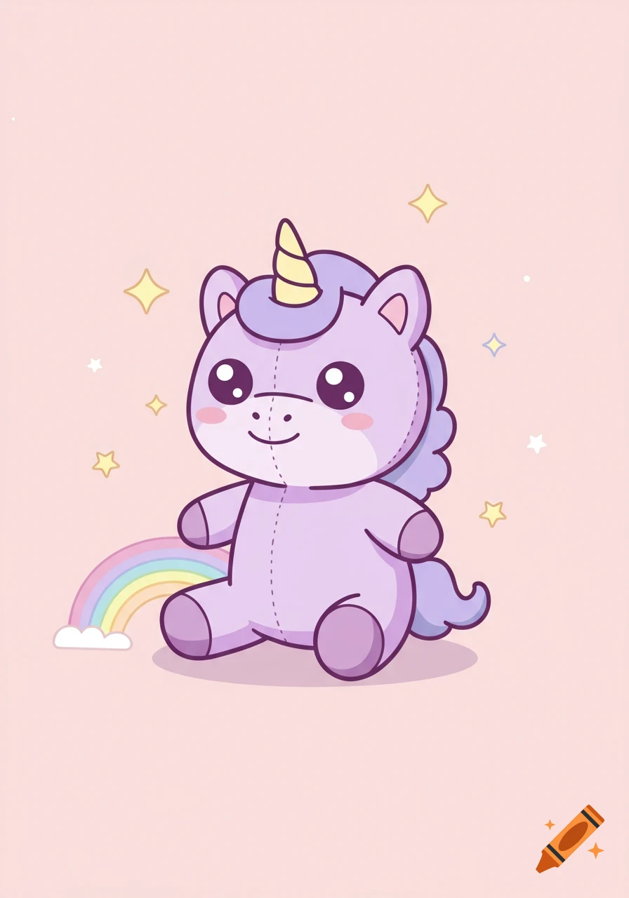 Cute purple chibi unicorn plush toy with a rainbow and stars on a pink background, cartoon illustration.