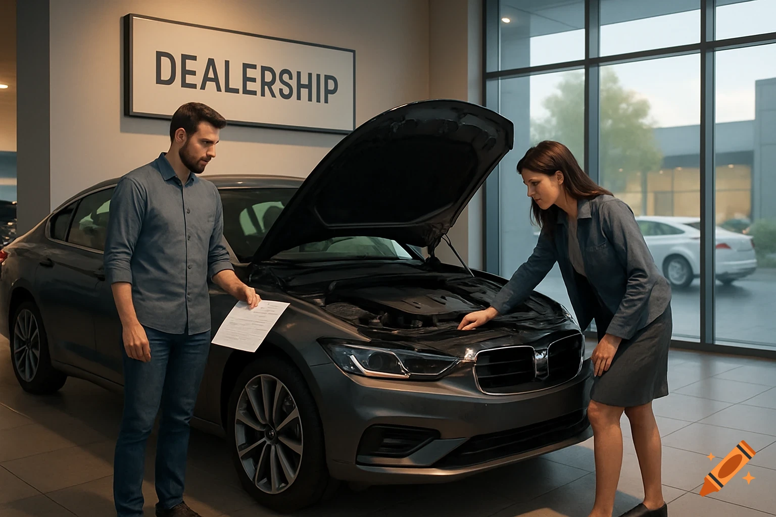 A man and a woman inspect a modern gray sedan with its hood open in a brightly lit car dealership.
