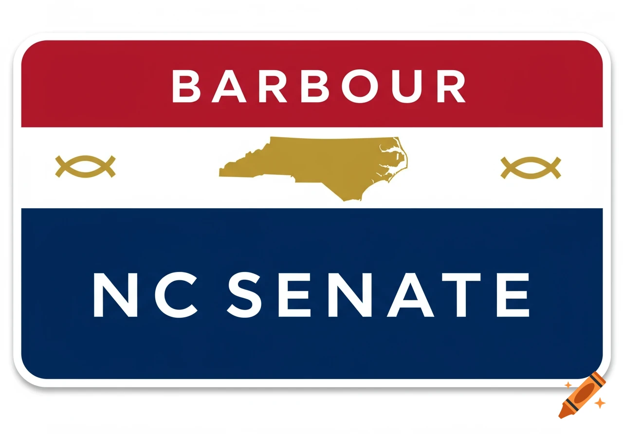 A red, white, and blue campaign sign for 'BARBOUR NC SENATE' with a gold North Carolina map and two Christian fish symbols.
