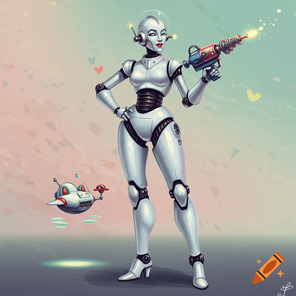 A retro-futuristic female robot in white armor poses with a ray blaster, accompanied by a small flying robot.
