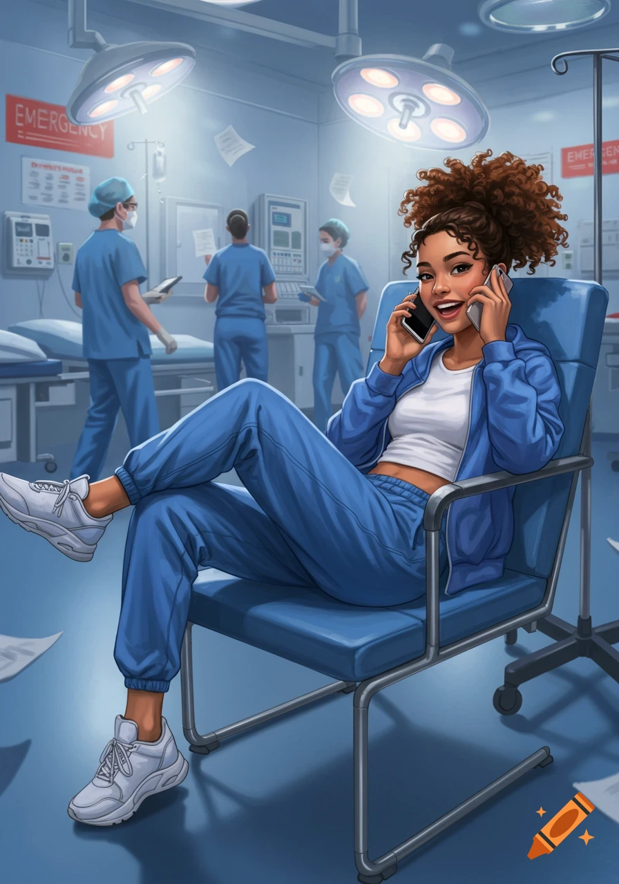 A smiling woman with curly hair, in blue scrubs and sneakers, sits relaxed in an ER chair, talking on two phones.