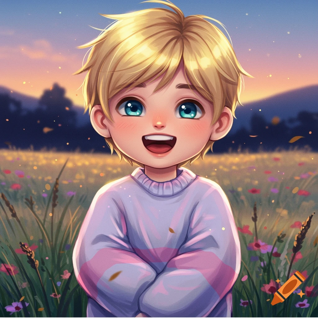 A cute blond anime boy with blue eyes, smiling brightly, stands in a field of wildflowers at sunset.