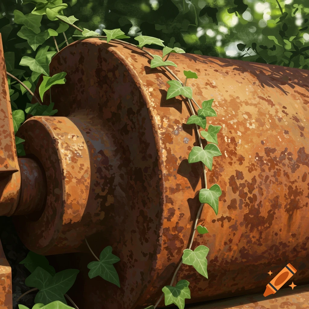 Close-up of a large rusty metal object covered in green ivy leaves, bathed in sunlight.