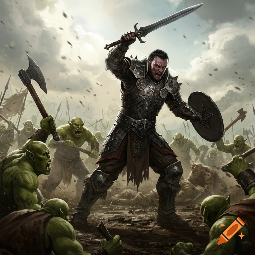 A formidable warrior in dark armor raises a sword, battling a horde of green orcs on a muddy battlefield under a cloudy sky.