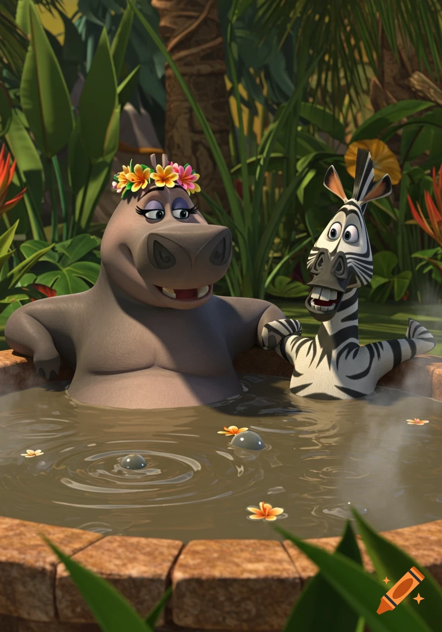 Gloria the hippo and Marty the zebra from Madagascar relaxing in a mud hot tub in a jungle, 3D animation style.