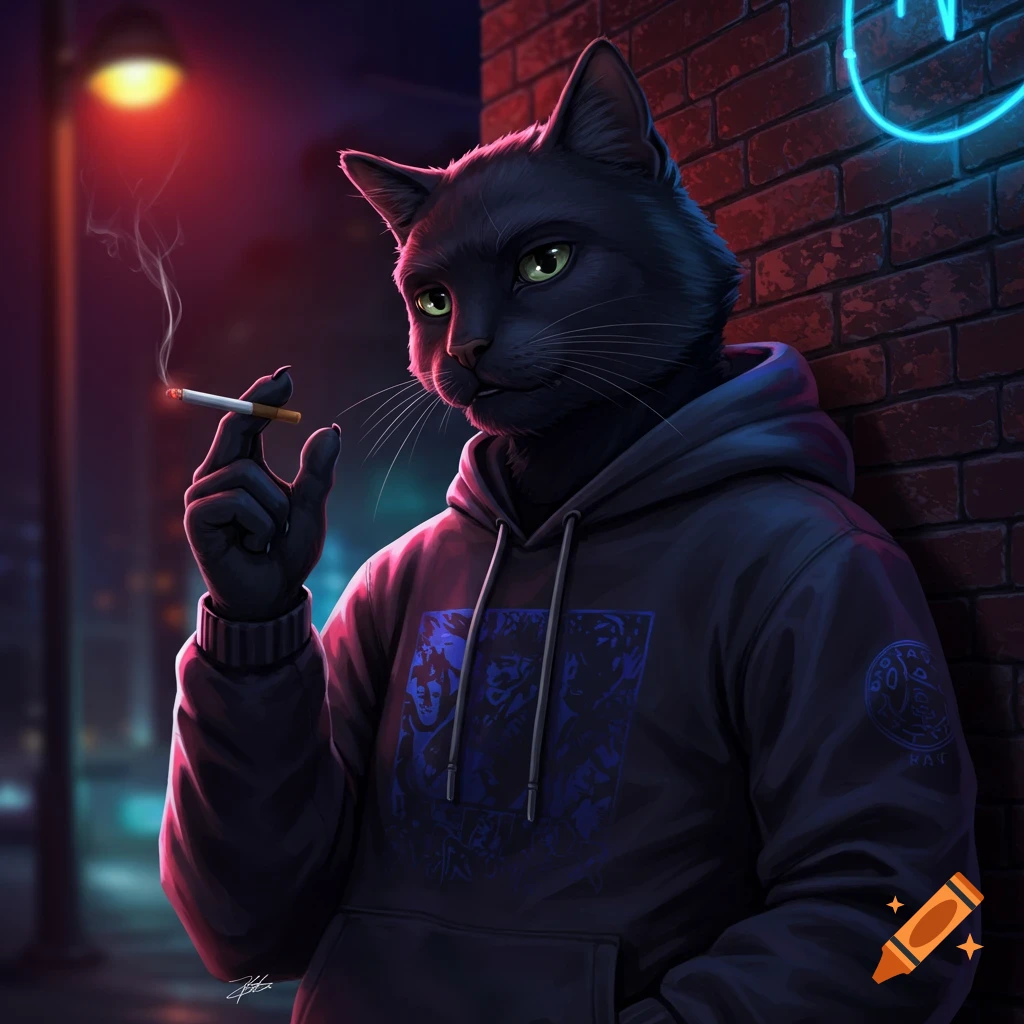 A black anthropomorphic cat in a hoodie leans against a brick wall at night, holding a lit cigarette, with neon lights in the background.
