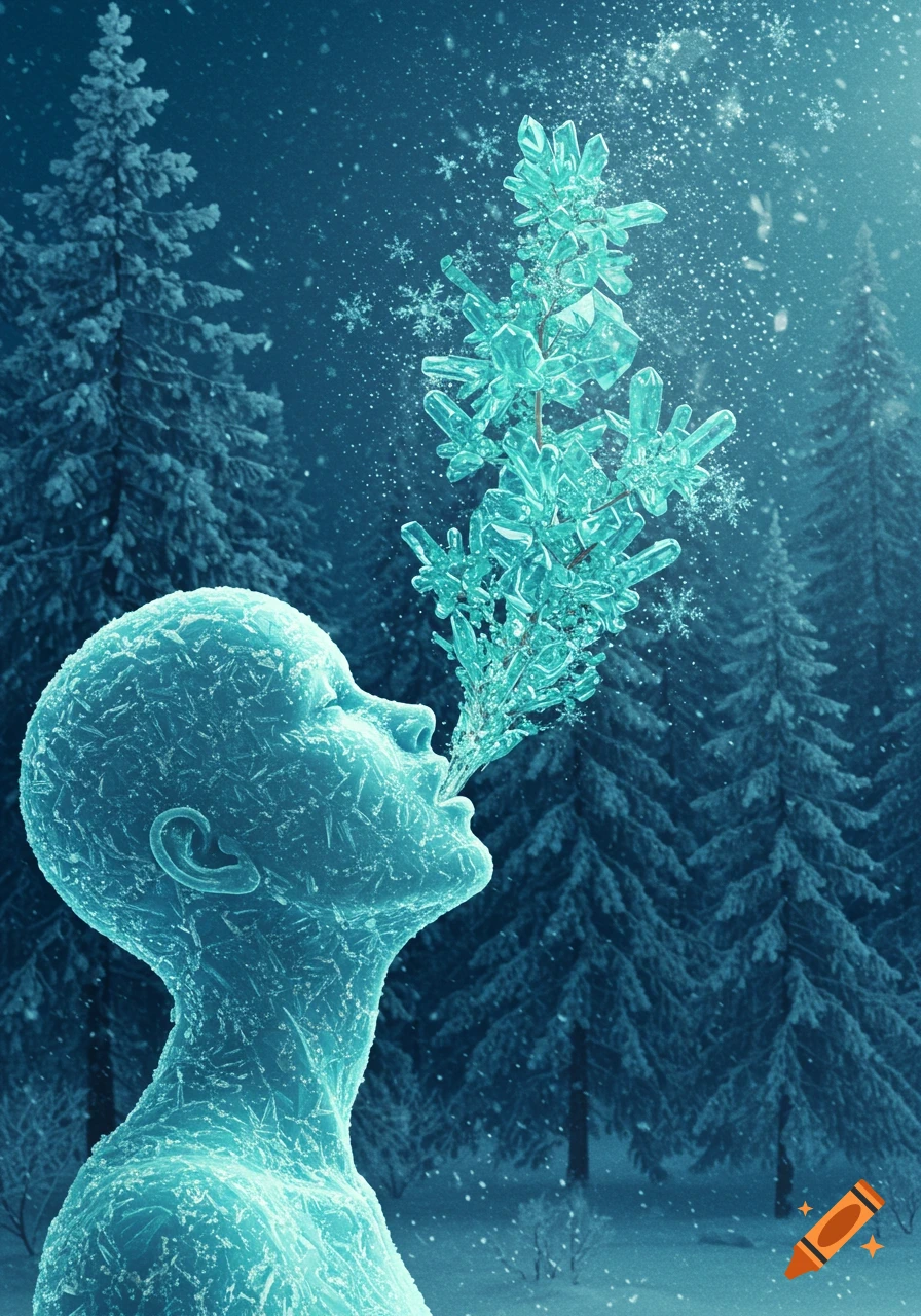 Profile of an ethereal ice figure exhaling glowing blue ice crystals in a snowy winter forest.