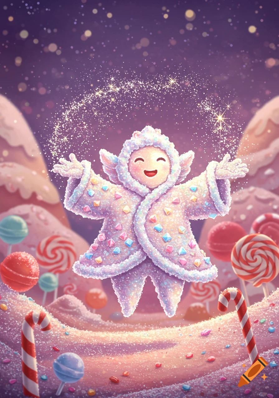 A cute, sparkling candy creature with a happy face in a whimsical sugary landscape filled with lollipops and candy canes.