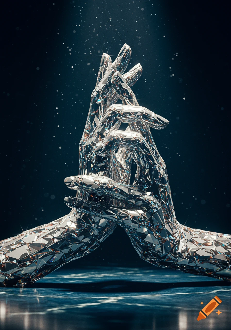 Two stylized hands made of multifaceted silver crystals reach towards each other on a dark, sparkling background.
