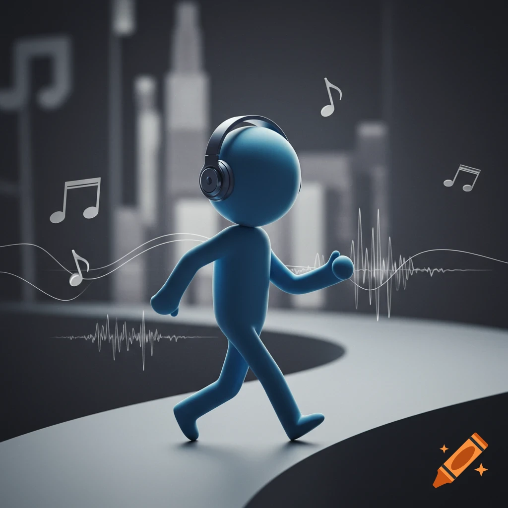 A blue stylized figure wearing headphones walks on a path, surrounded by musical notes and sound waves, with a blurred cityscape background.