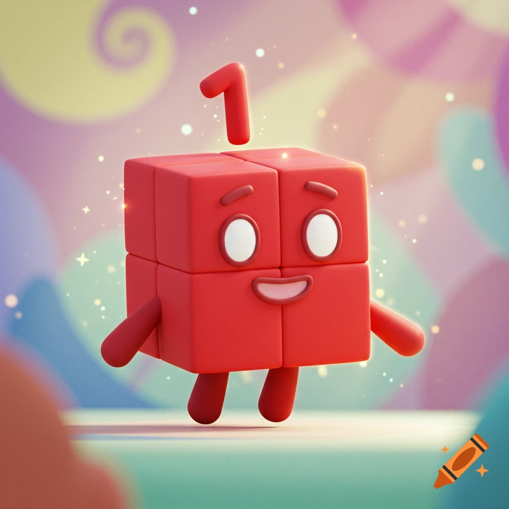 A happy, red, cubic Numberblock 1 character with arms and legs, smiling, with a number one floating above its head on a colorful background.